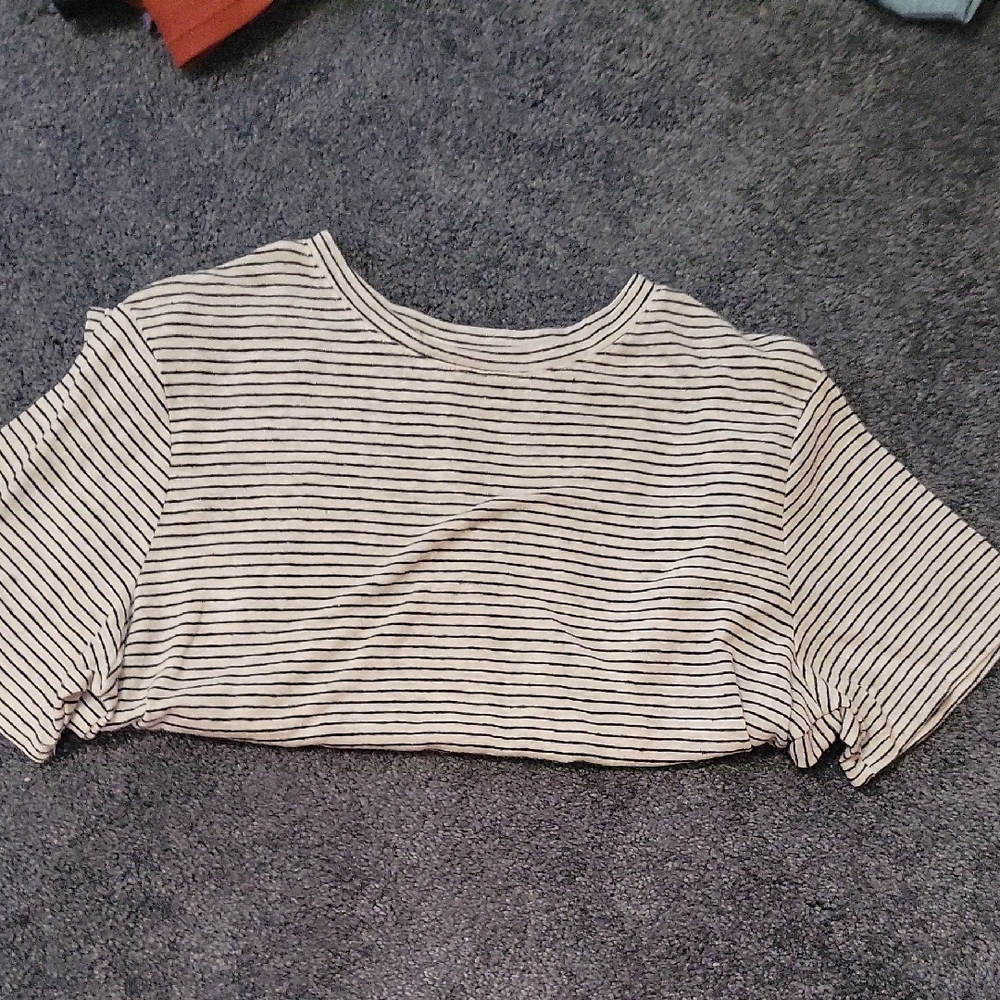 a new day Cream and Black Striped Cropped Tee